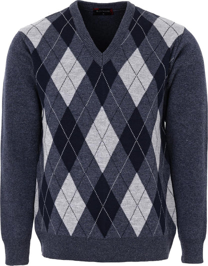 Maan Store Men's V Neck Classic Knitted Jumper Diamond Pattern Long Sleeves Top Sweater