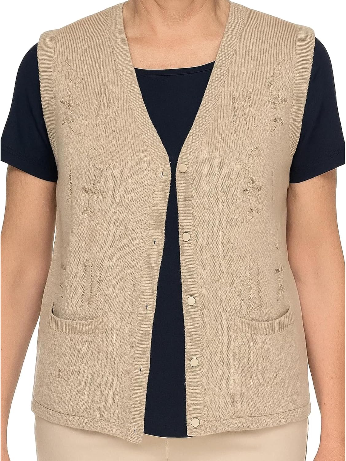Maan Store Women's Sleeveless Knitted Waistcoat Button-Up Cardigan with Embroidery and Front Pockets V Neck Ladies Pull Over Sweater
