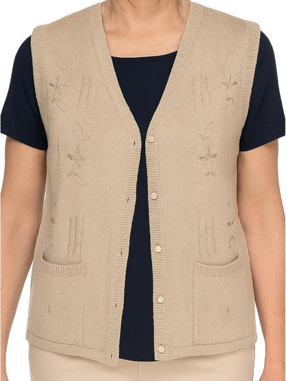Maan Store Women's Sleeveless Knitted Waistcoat Button-Up Cardigan with Embroidery and Front Pockets V Neck Ladies Pull Over Sweater