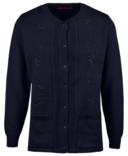 Maan Store Women’s Ladies Round Neck Button-Up Cardigan with Front Embroidery and Two Pockets