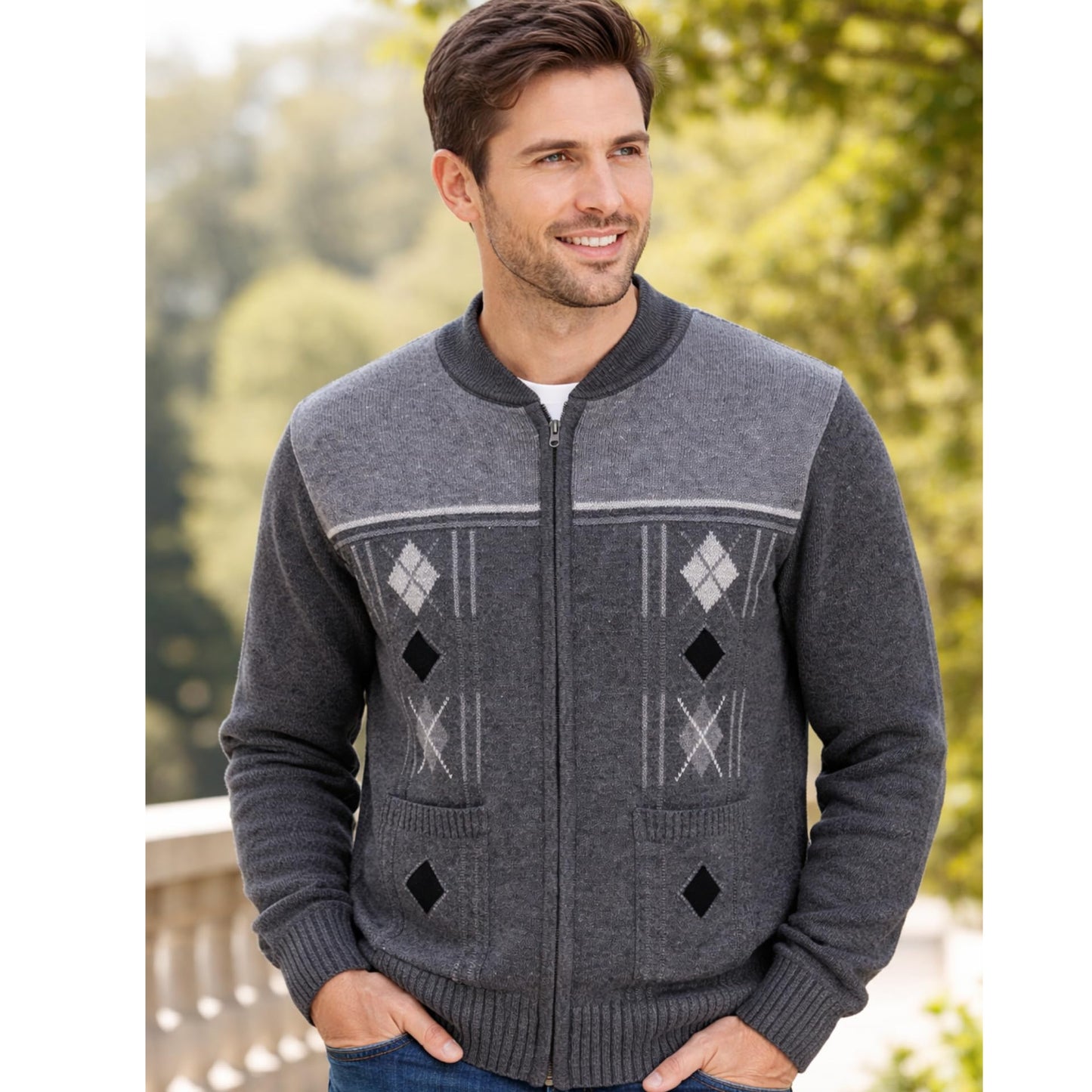Men's Knitted Cardigan Zip Chunky Cable Knit Long Sleeve with Front Pockets