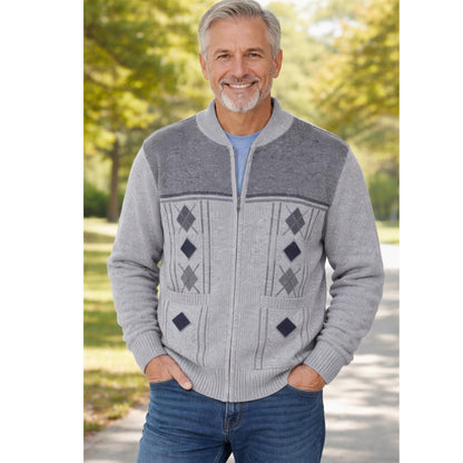 Men's Knitted Cardigan Zip Chunky Cable Knit Long Sleeve with Front Pockets