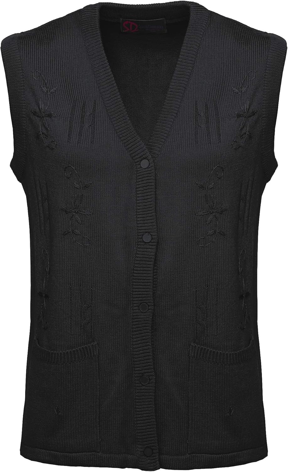 Maan Store Women's Sleeveless Knitted Waistcoat Button-Up Cardigan with Embroidery and Front Pockets V Neck Ladies Pull Over Sweater