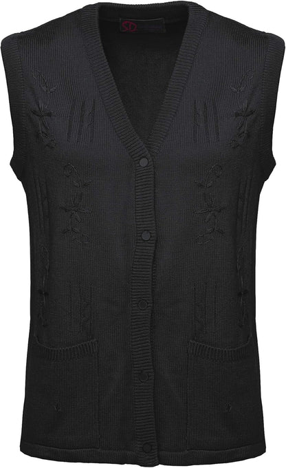 Maan Store Women's Sleeveless Knitted Waistcoat Button-Up Cardigan with Embroidery and Front Pockets V Neck Ladies Pull Over Sweater