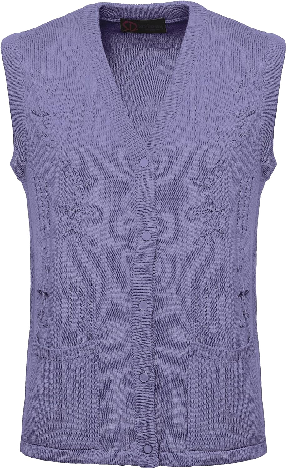 Maan Store Women's Sleeveless Knitted Waistcoat Button-Up Cardigan with Embroidery and Front Pockets V Neck Ladies Pull Over Sweater