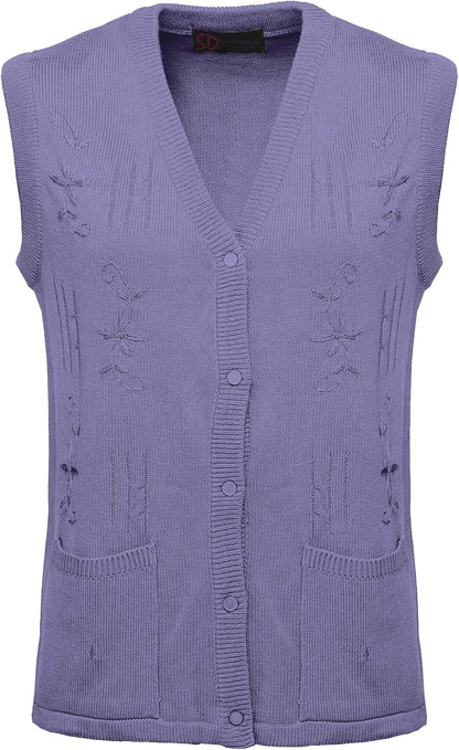 Maan Store Women's Sleeveless Knitted Waistcoat Button-Up Cardigan with Embroidery and Front Pockets V Neck Ladies Pull Over Sweater