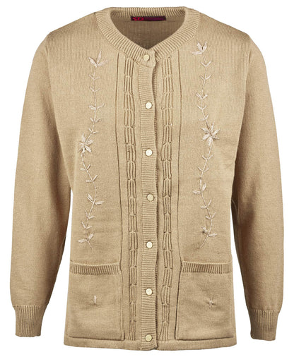 Maan Store Women’s Ladies Round Neck Button-Up Cardigan with Front Embroidery and Two Pockets