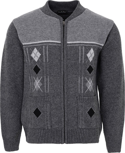 Men's Knitted Cardigan Zip Chunky Cable Knit Long Sleeve with Front Pockets