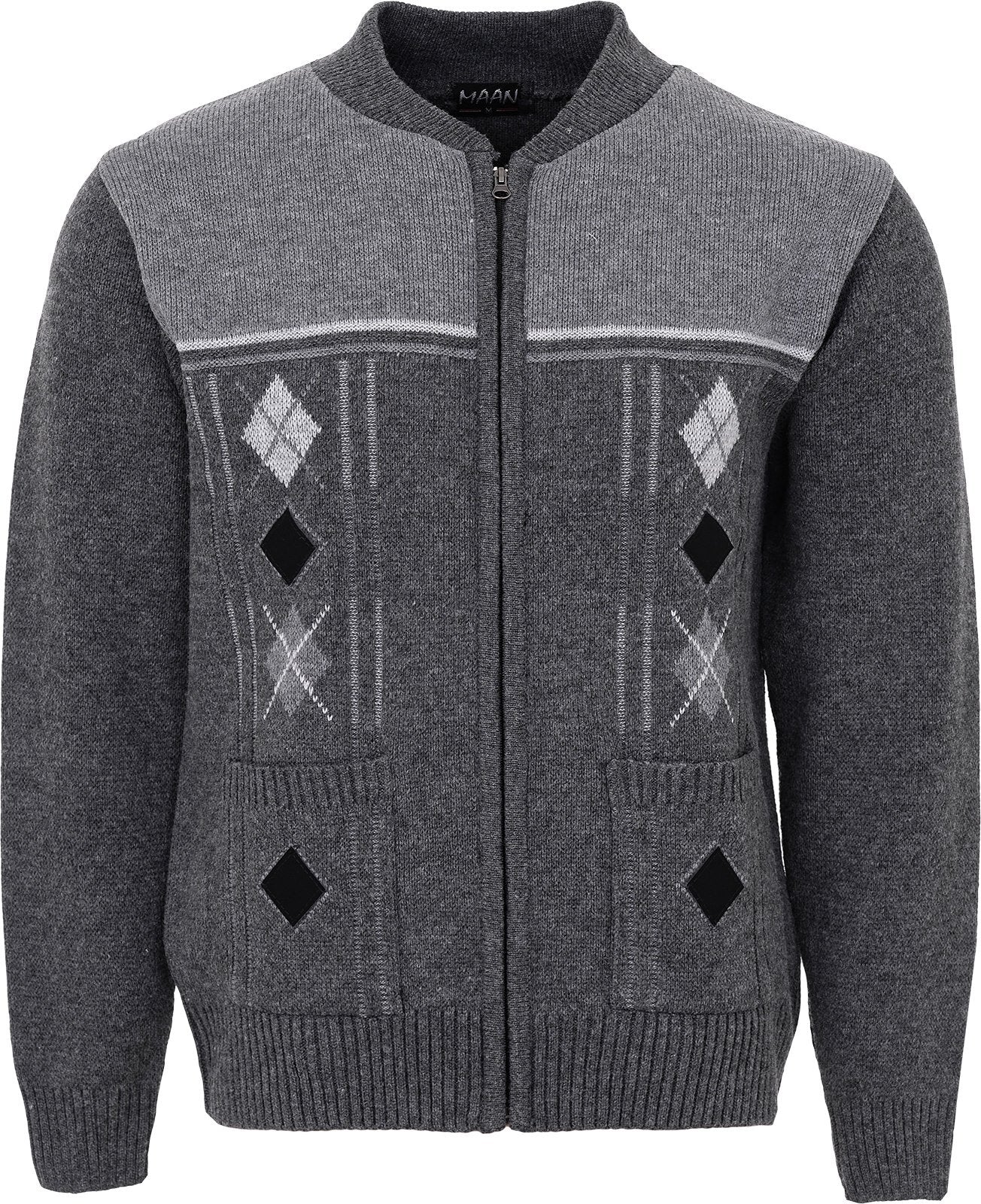 Men's Knitted Cardigan Zip Chunky Cable Knit Long Sleeve with Front Pockets