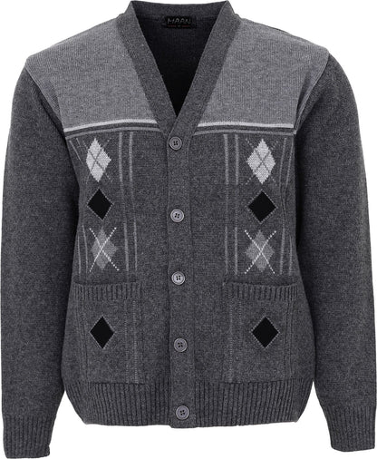Maan Store Men's V Neck Knitted Cardigan Chunky Cable Long Sleeve Front Pockets and Button Closure