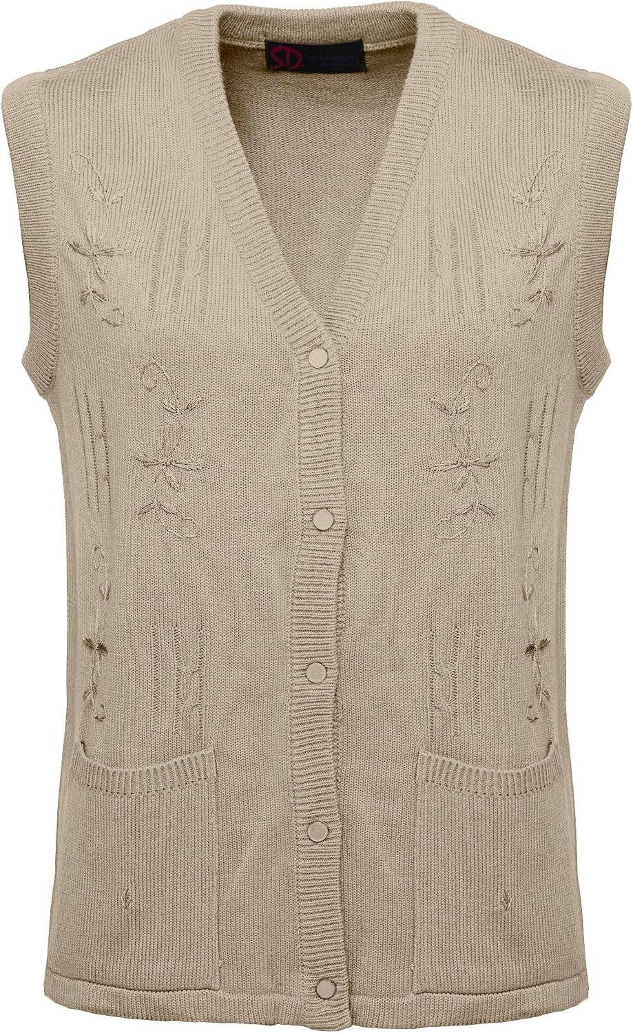 Maan Store Women's Sleeveless Knitted Waistcoat Button-Up Cardigan with Embroidery and Front Pockets V Neck Ladies Pull Over Sweater