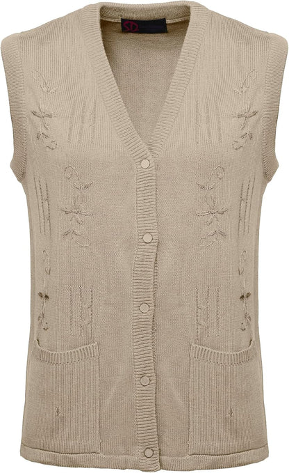 Maan Store Women's Sleeveless Knitted Waistcoat Button-Up Cardigan with Embroidery and Front Pockets V Neck Ladies Pull Over Sweater