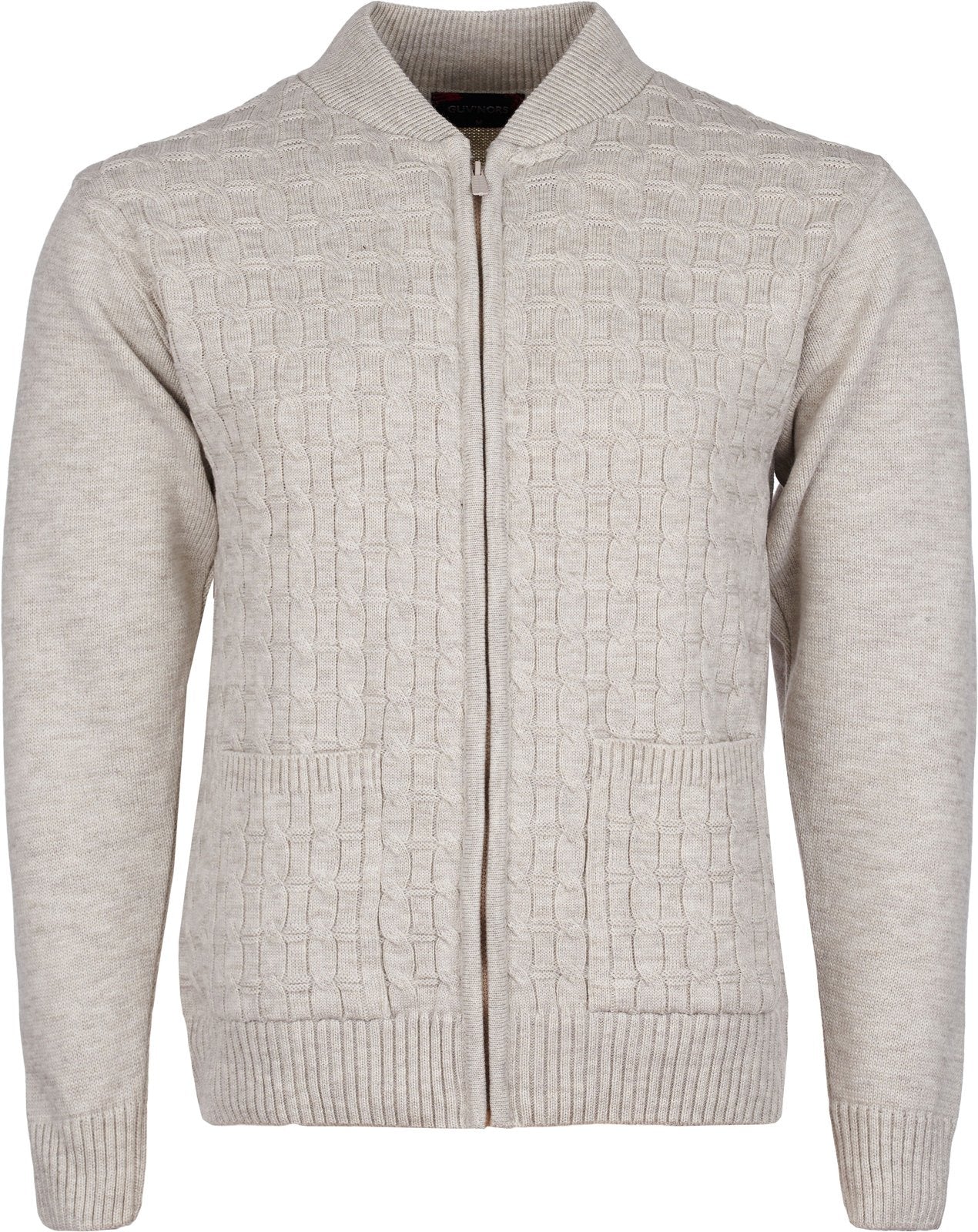Men's Knitted Cardigan Round Neck Front Zip Long Sleeve with Pockets Cable Crew Neck Sweater