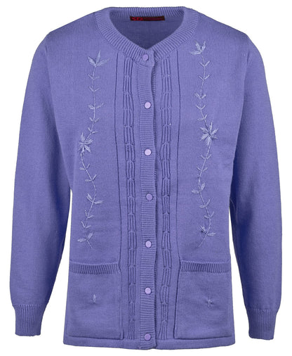 Maan Store Women’s Ladies Round Neck Button-Up Cardigan with Front Embroidery and Two Pockets