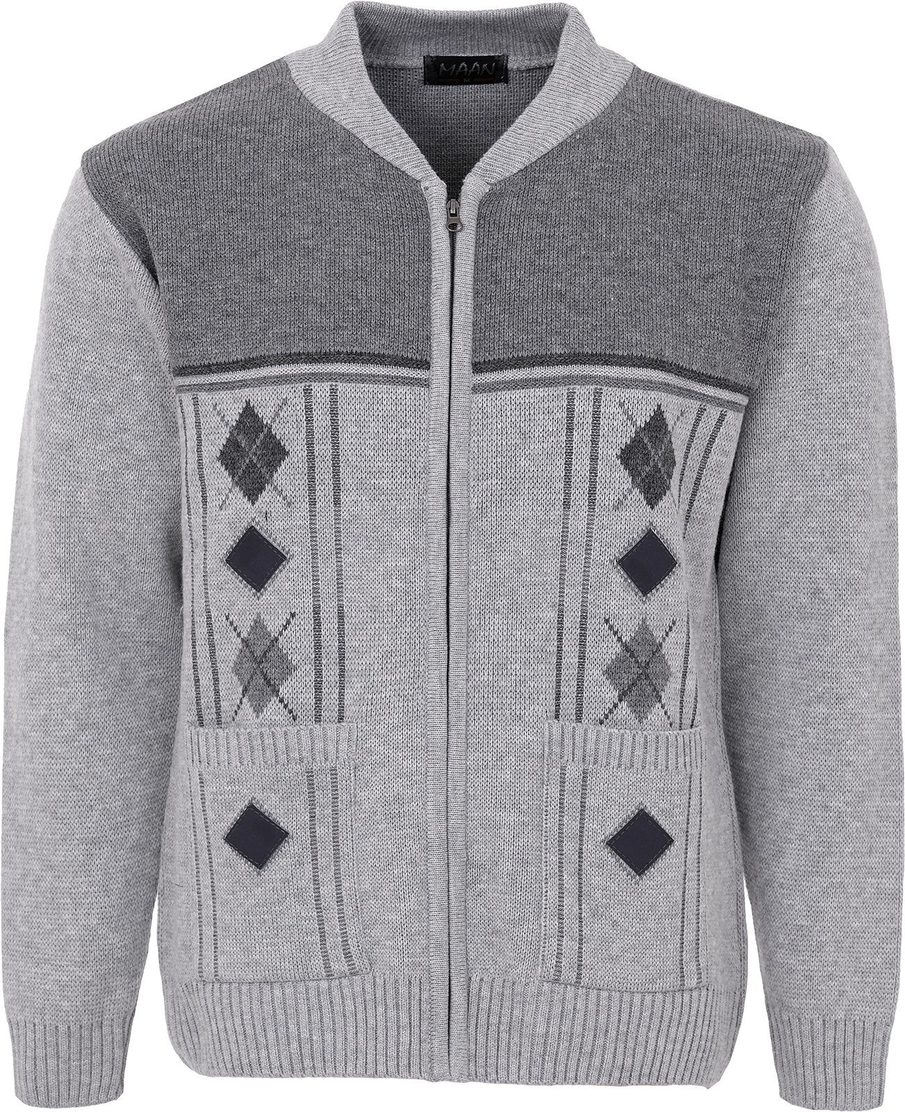Men's Knitted Cardigan Zip Chunky Cable Knit Long Sleeve with Front Pockets