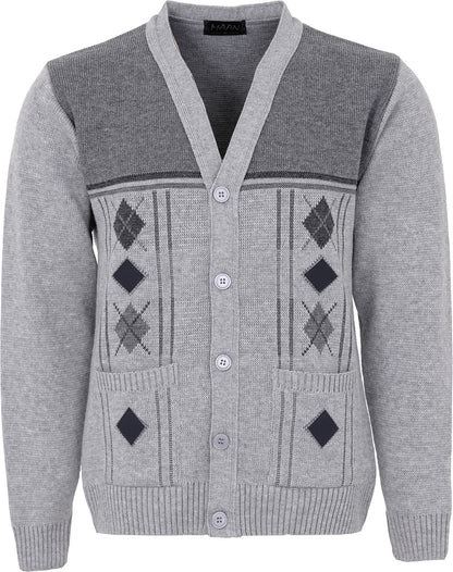 Maan Store Men's V Neck Knitted Cardigan Chunky Cable Long Sleeve Front Pockets and Button Closure