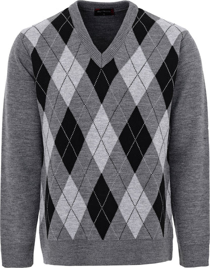 Maan Store Men's V Neck Classic Knitted Jumper Diamond Pattern Long Sleeves Top Sweater