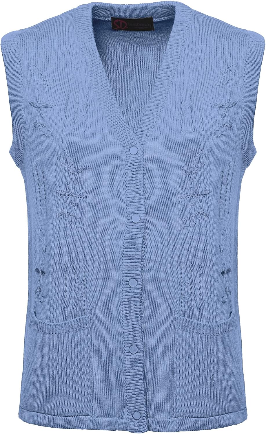 Maan Store Women's Sleeveless Knitted Waistcoat Button-Up Cardigan with Embroidery and Front Pockets V Neck Ladies Pull Over Sweater