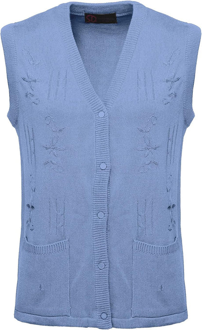 Maan Store Women's Sleeveless Knitted Waistcoat Button-Up Cardigan with Embroidery and Front Pockets V Neck Ladies Pull Over Sweater