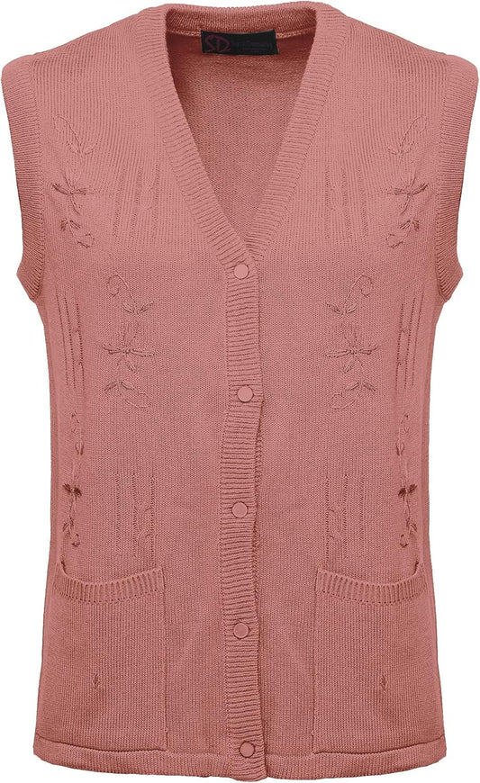 Maan Store Women's Sleeveless Knitted Waistcoat Button-Up Cardigan with Embroidery and Front Pockets V Neck Ladies Pull Over Sweater