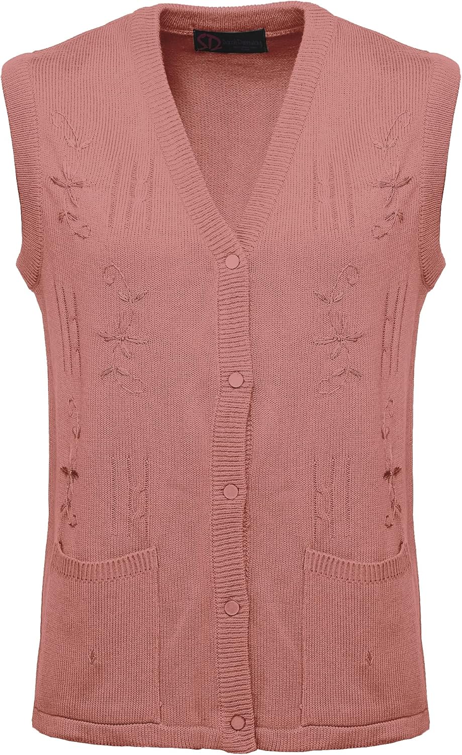 Maan Store Women's Sleeveless Knitted Waistcoat Button-Up Cardigan with Embroidery and Front Pockets V Neck Ladies Pull Over Sweater