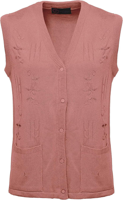 Maan Store Women's Sleeveless Knitted Waistcoat Button-Up Cardigan with Embroidery and Front Pockets V Neck Ladies Pull Over Sweater