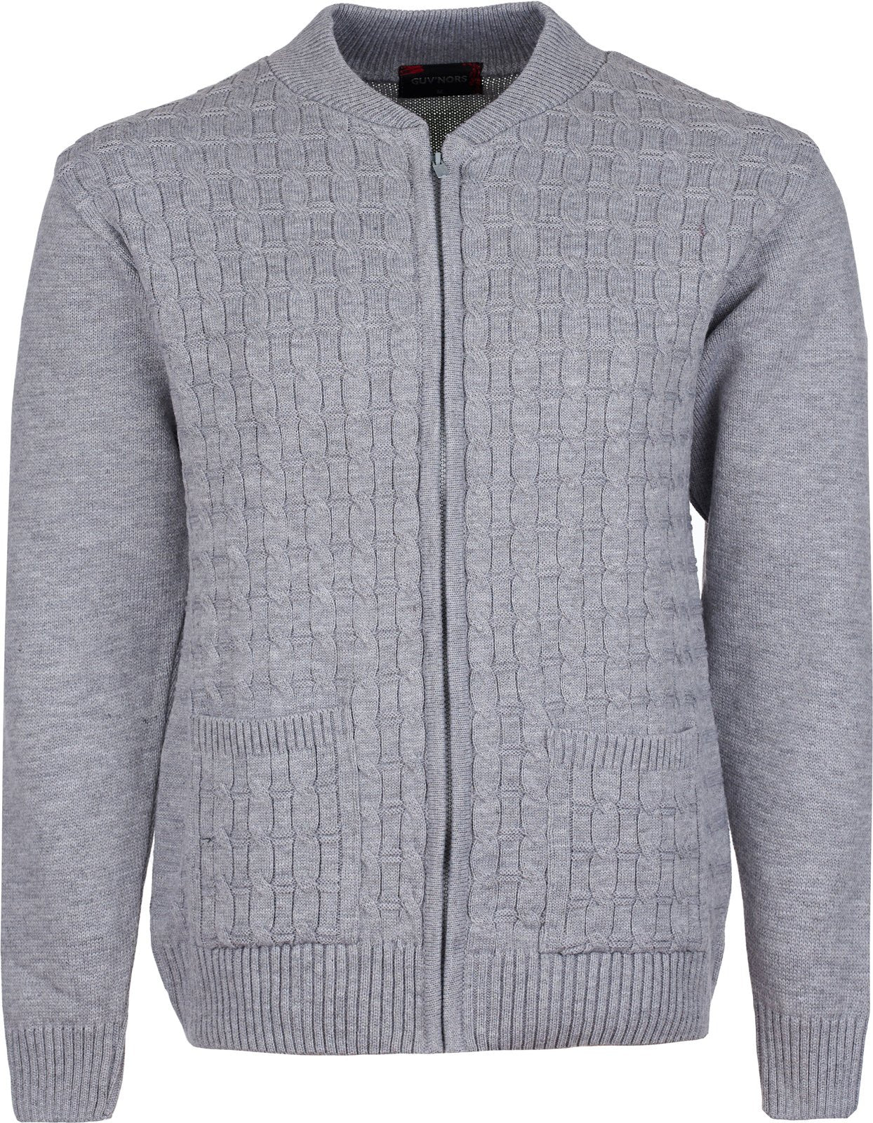 Men's Knitted Cardigan Round Neck Front Zip Long Sleeve with Pockets Cable Crew Neck Sweater