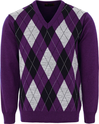 Maan Store Men's V Neck Classic Knitted Jumper Diamond Pattern Long Sleeves Top Sweater