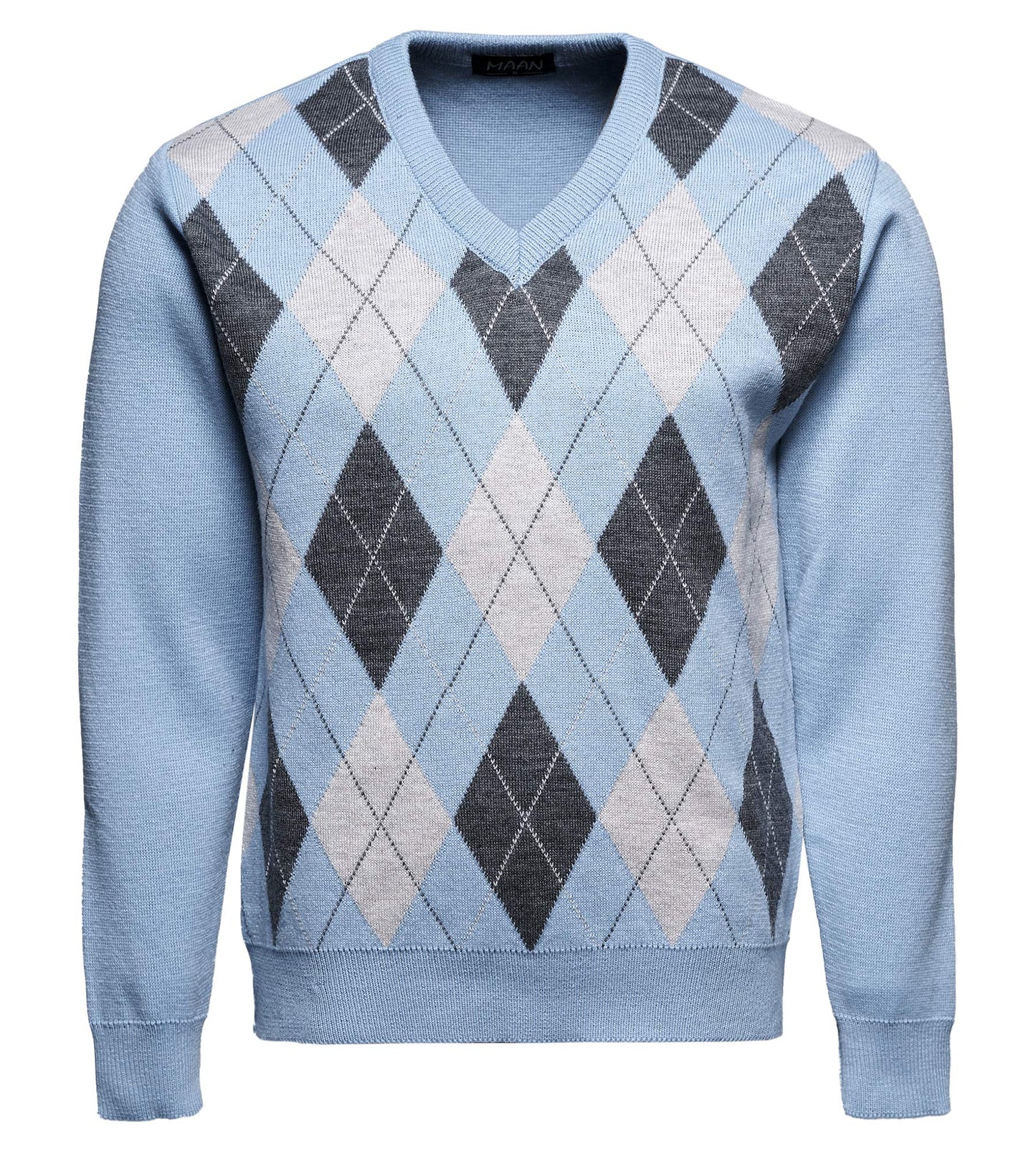 Maan Store Men's V Neck Classic Knitted Jumper Diamond Pattern Long Sleeves Top Sweater