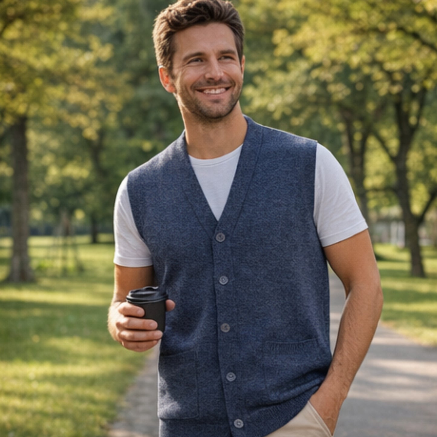 Men V Neck Sleeveless Cardigans Front Button Waistcoat With Pockets S to 6XL
