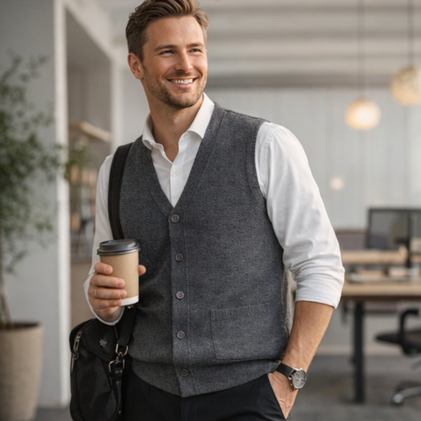 Men V Neck Sleeveless Cardigans Front Button Waistcoat With Pockets S to 6XL