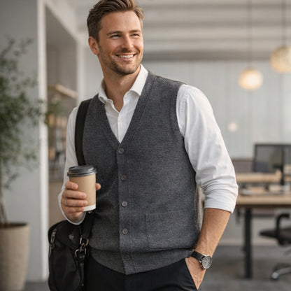 Men V Neck Sleeveless Cardigans Front Button Waistcoat With Pockets S to 6XL
