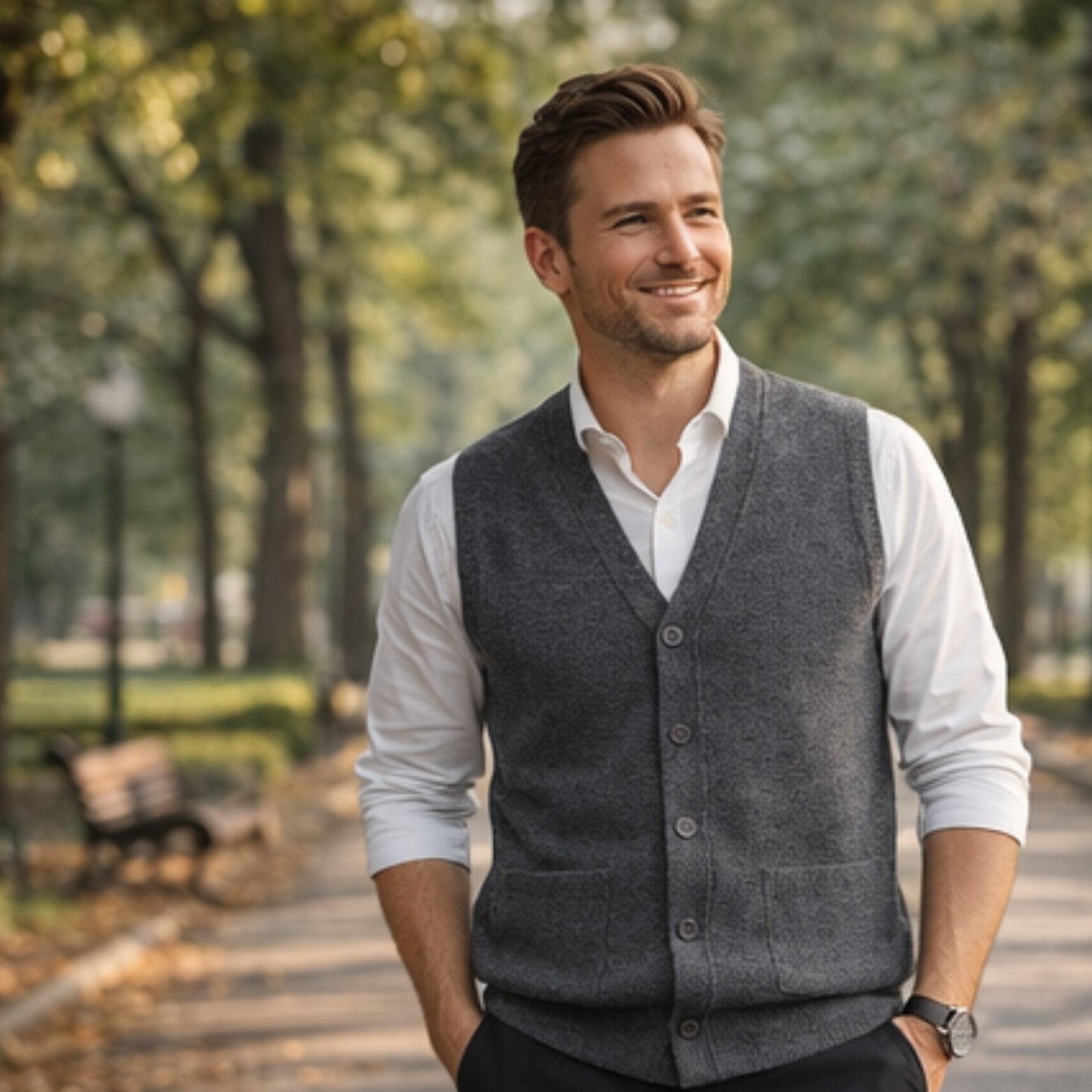 Men V Neck Sleeveless Cardigans Front Button Waistcoat With Pockets S to 6XL