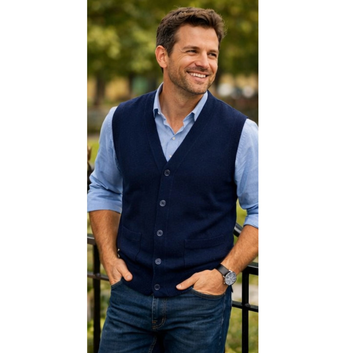 Men V Neck Sleeveless Cardigans Front Button Waistcoat With Pockets S to 6XL