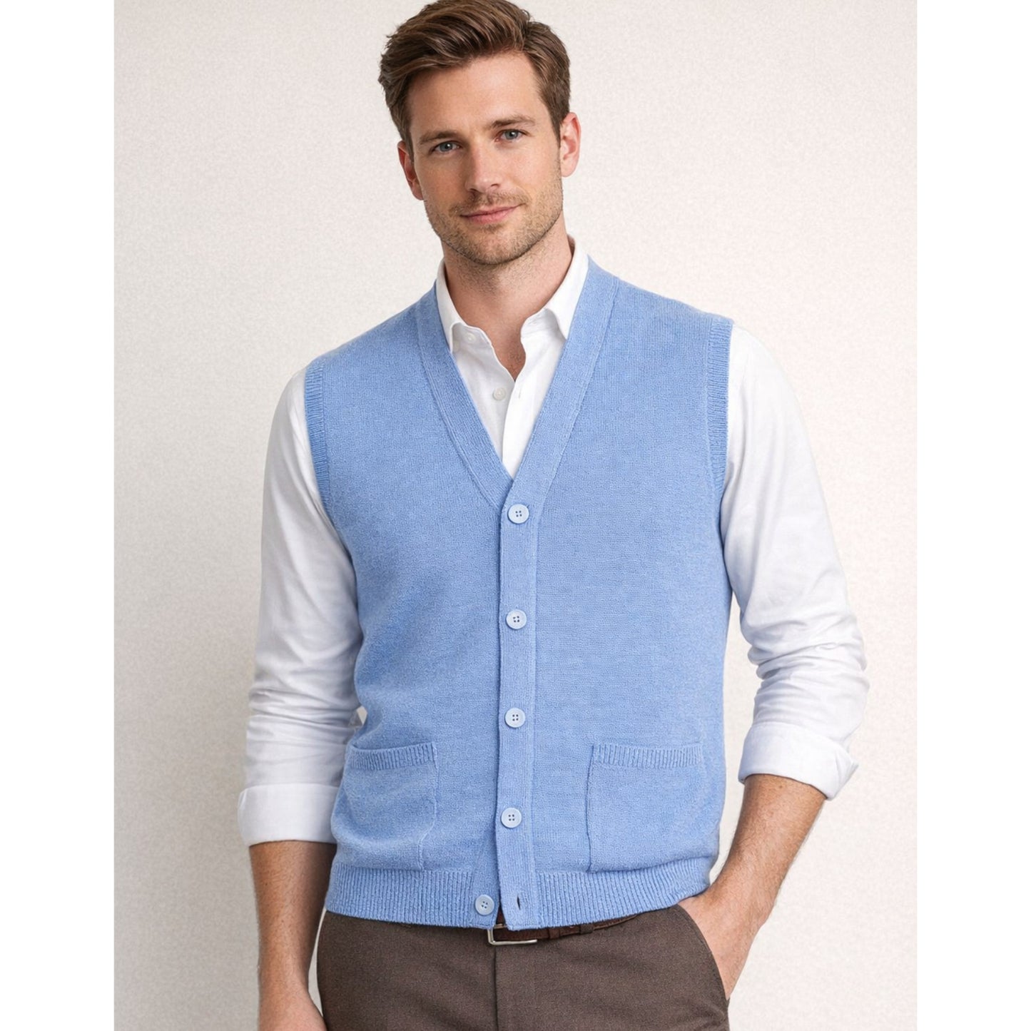 Men V Neck Sleeveless Cardigans Front Button Waistcoat With Pockets S to 6XL