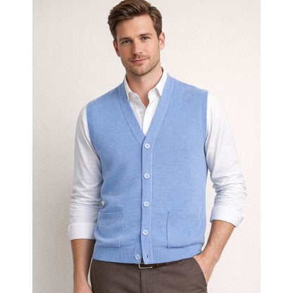 Men V Neck Sleeveless Cardigans Front Button Waistcoat With Pockets S to 6XL