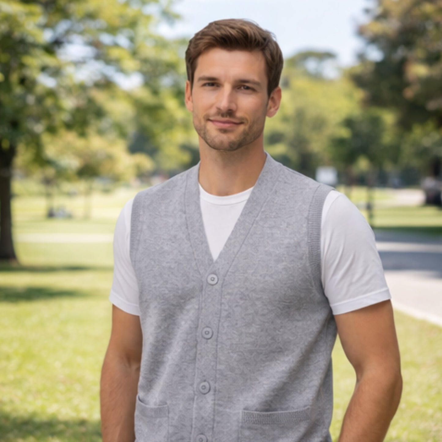 Men V Neck Sleeveless Cardigans Front Button Waistcoat With Pockets S to 6XL