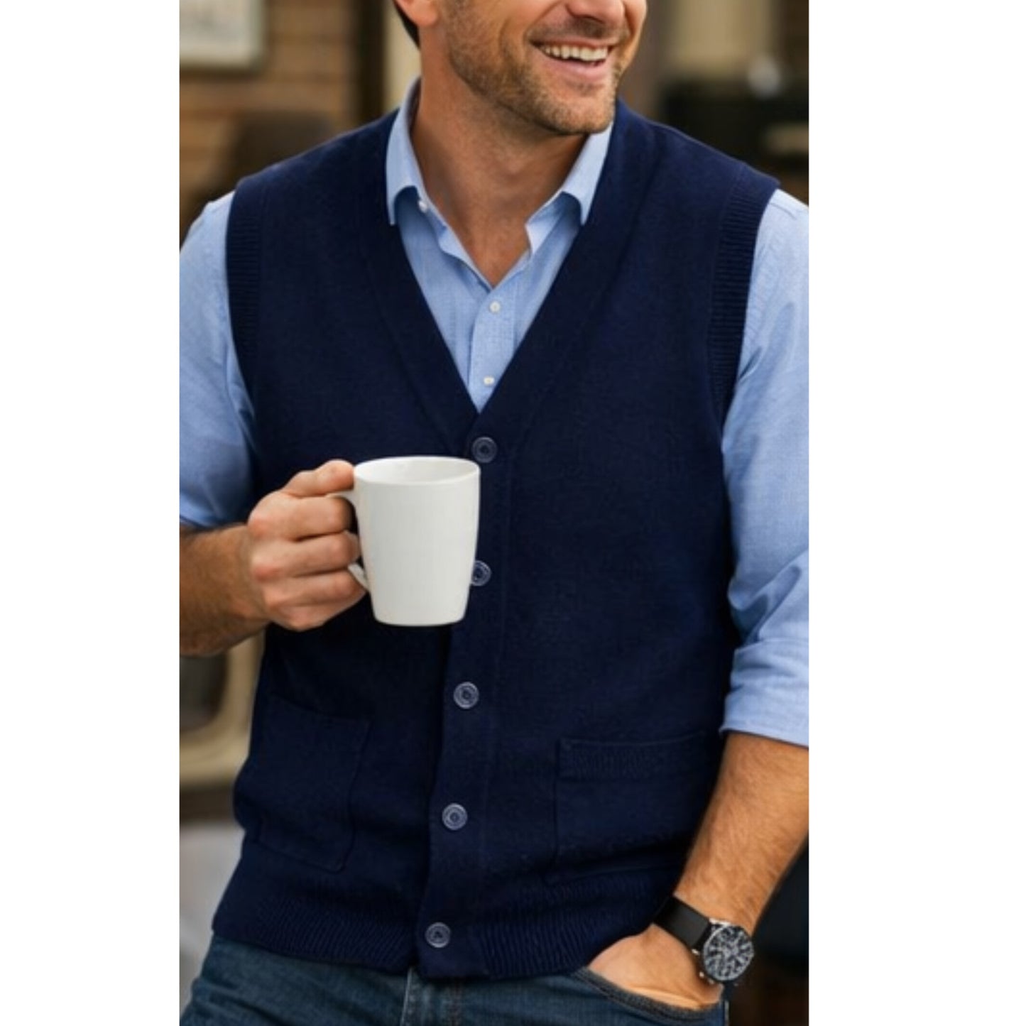 Men V Neck Sleeveless Cardigans Front Button Waistcoat With Pockets S to 6XL