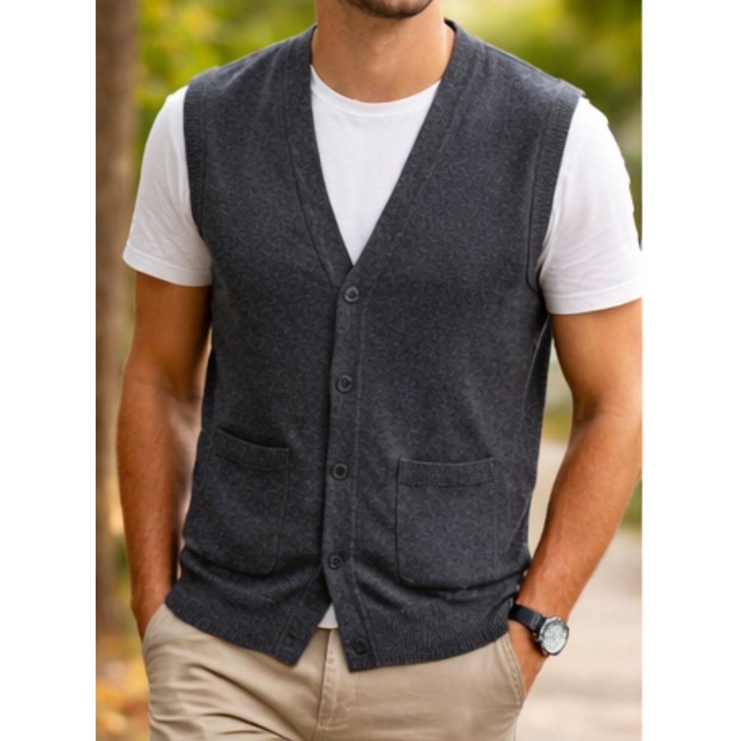 Men V Neck Sleeveless Cardigans Front Button Waistcoat With Pockets S to 6XL